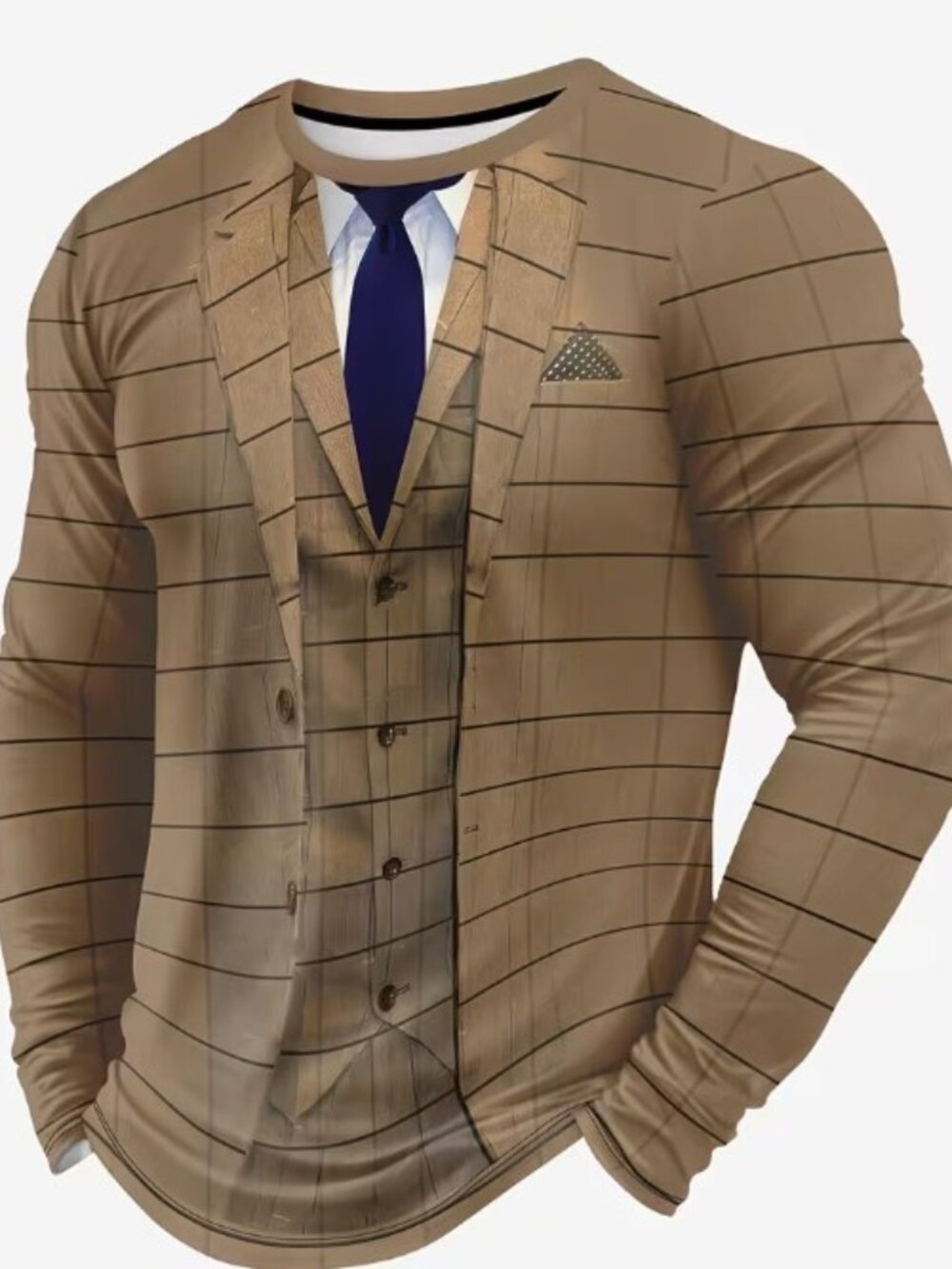Faux 3D Suit & Tie Graphic Long Sleeve Shirt - Plaid Tuxedo Print - Men's XL
